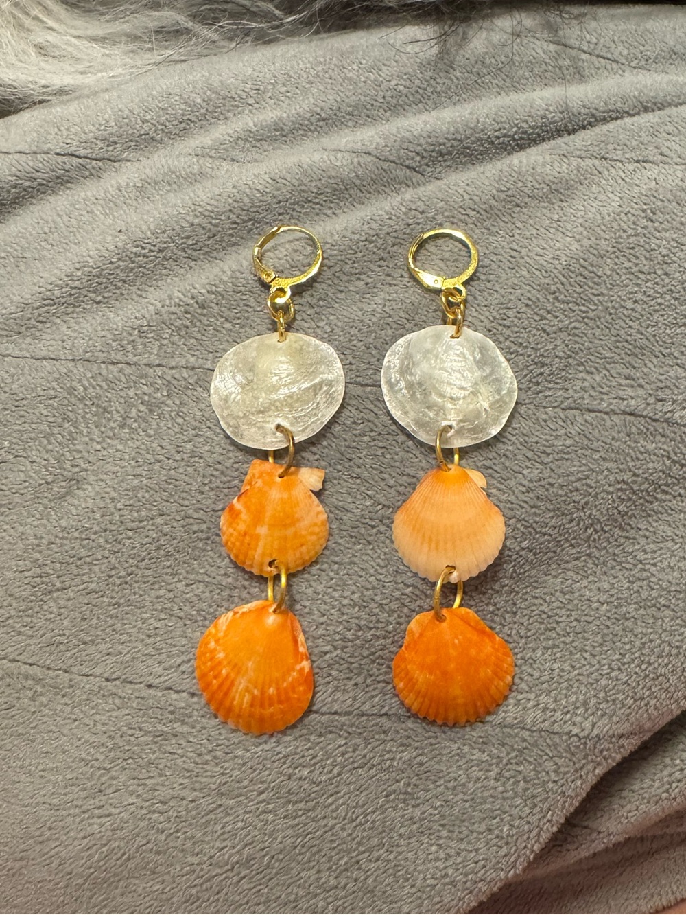 Gold-Plated Leverback- Orange and White Shell Drop Earrings for Women